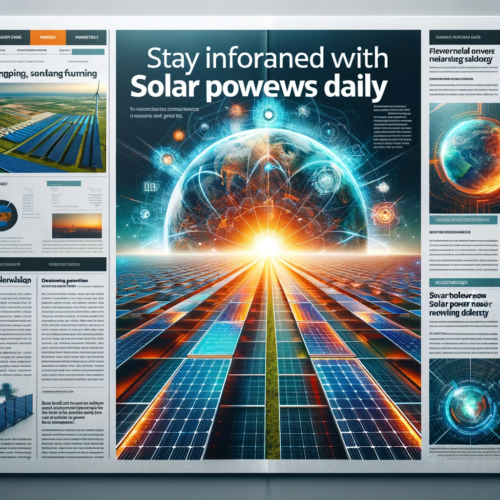 A digital newspaper front page titled 'Stay Informed with Solar Power News Daily', featuring a headline about solar energy technology and images of solar panels.
